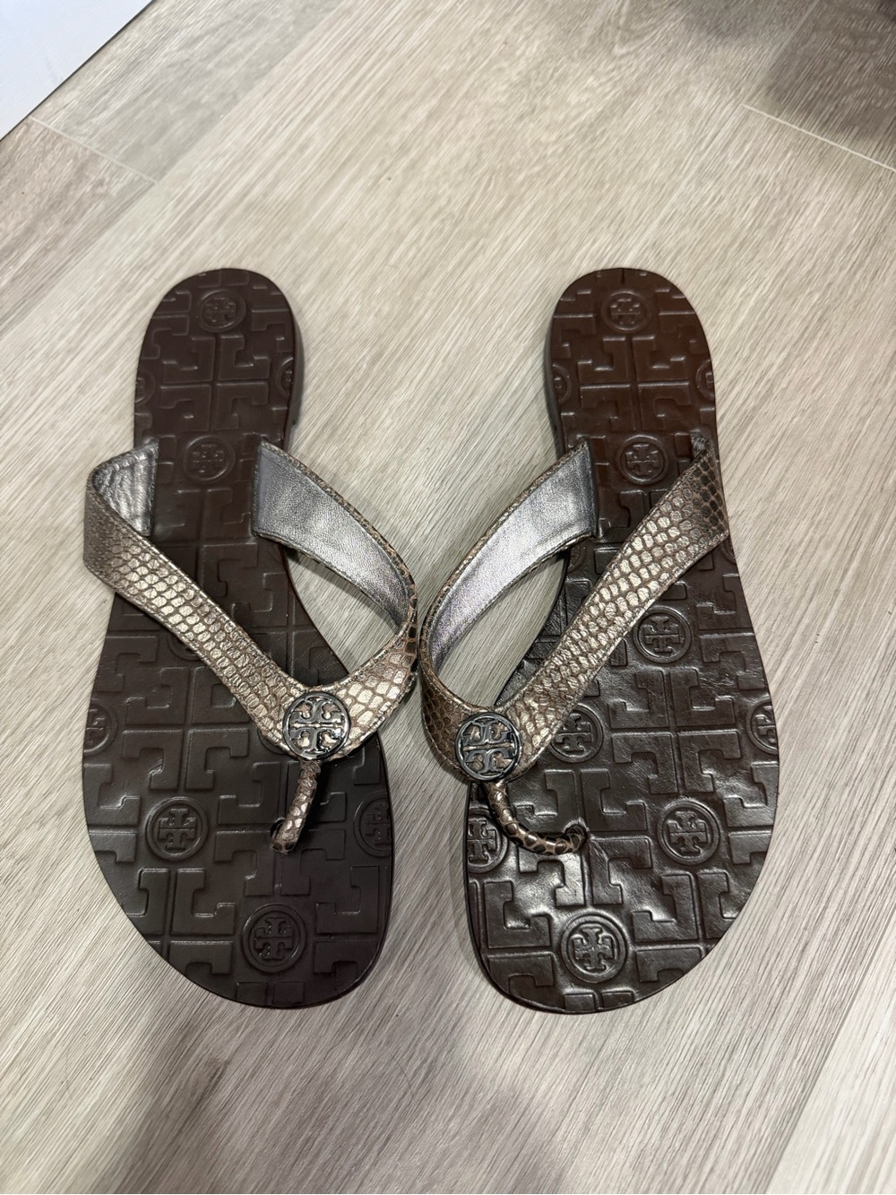 Tory Burch Bronze Metallic Logo Thong Sandals